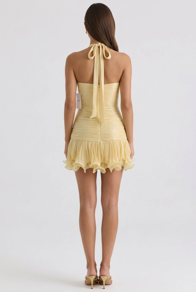 Yellow Deep V-Neck Ruched Ruffle Mini Dress