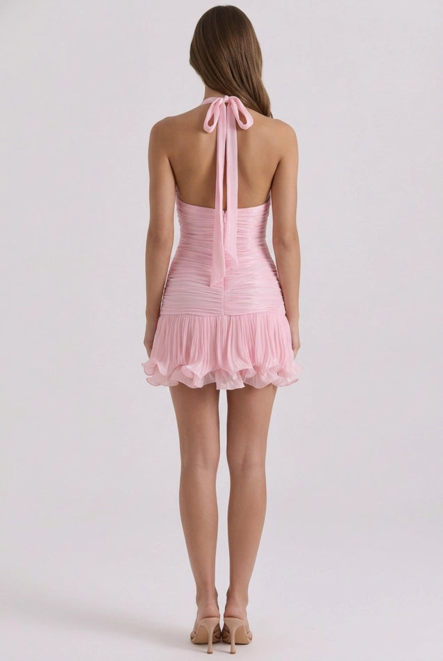 Pink Deep V-Neck Ruched Ruffle Mini Dress