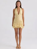 Yellow Deep V-Neck Ruched Ruffle Mini Dress