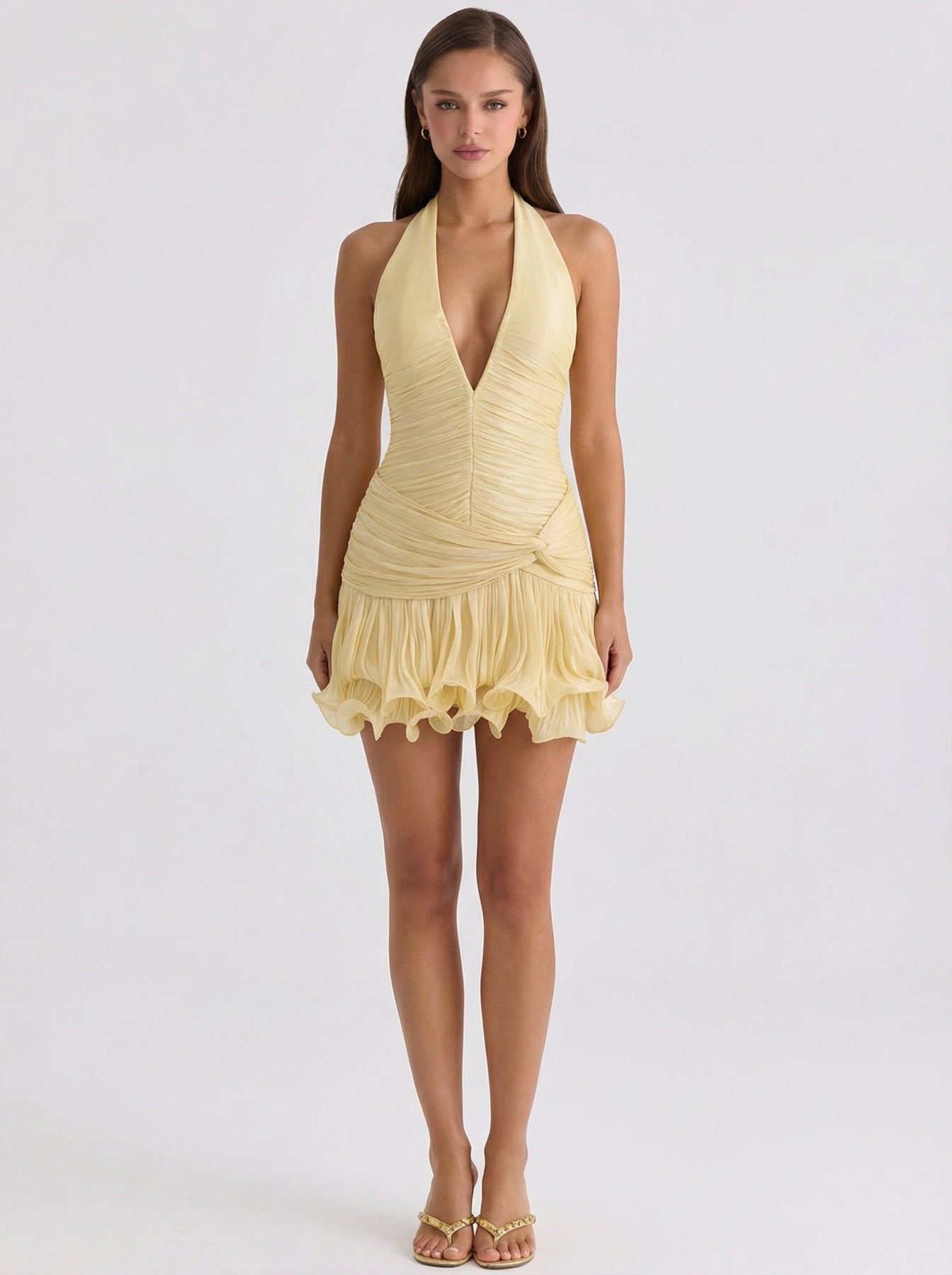 Yellow Deep V-Neck Ruched Ruffle Mini Dress